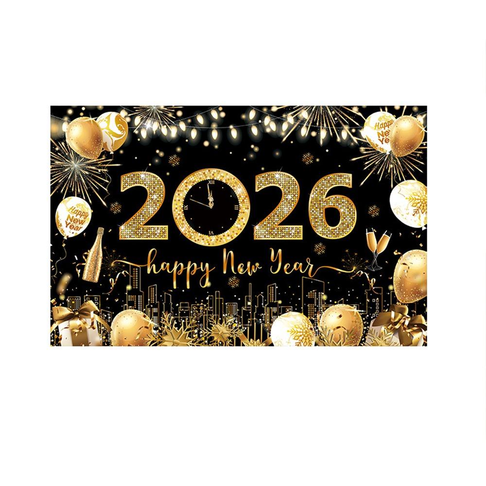 Black Gold 2026 New Year Backdrops Polyester Night Glittering Party Background Colorful Balloon Champagne Photo Background