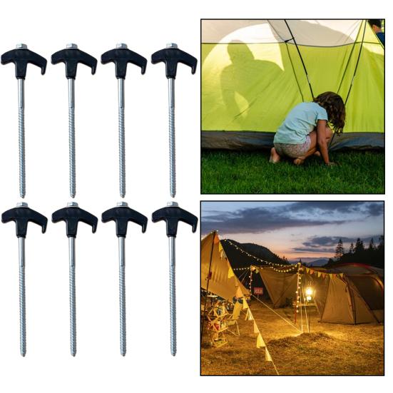 8Pcs Tent Stakes Heavy-Duty Metal Camping Stakes Threaded Anchors Set Up with Drill Hammer Superior Grip Tent Pegs On