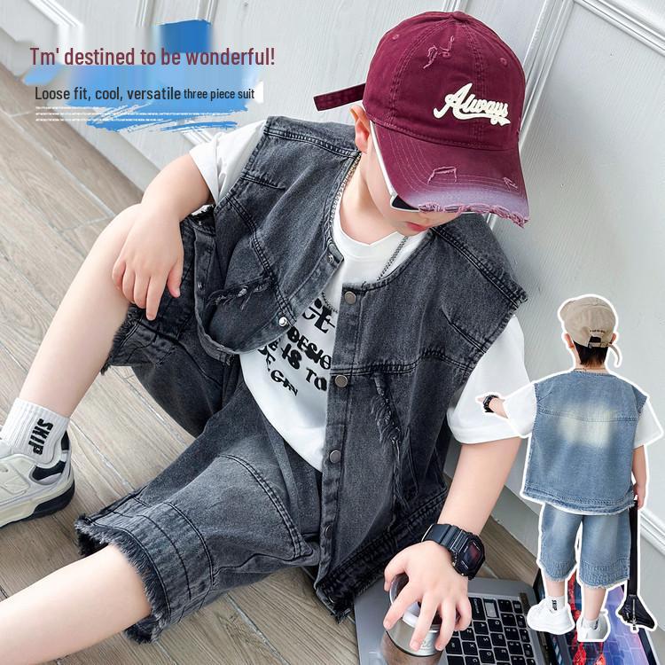 Boys' Summer Denim Vest & Printed Tee Shorts Set - Cool American Style 2026