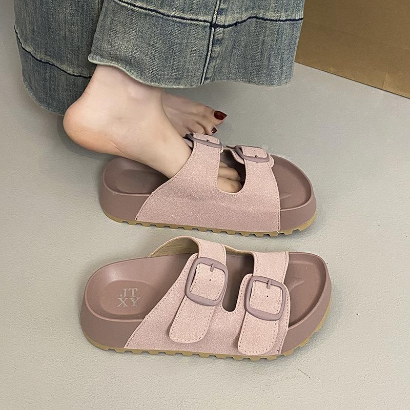 Thick-bottomed Retro Slippers Women's 2025 Summer New Outer Wear Fashionable and Versatile One-word Drag Boken Beach Vacation Sandals
