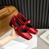 Red Mary Jane Shoes Women's High-heeled Thick-heeled Leather Shoes Spring 2025 New French One-button Small Leather Shoes