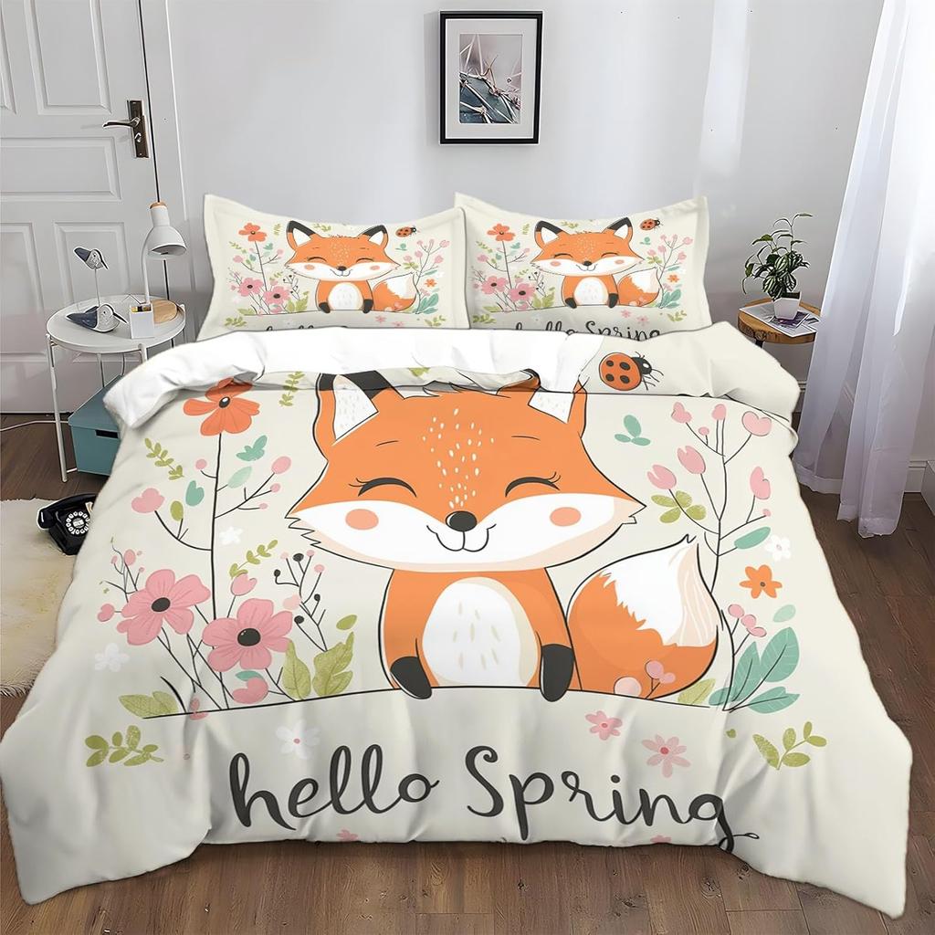 Fox Print Duvet Cover Set For Kids Boys Girls Cartoon Fox 3D Animal Theme Quilt Cover Bedroom Decor 2Pcs Bedcloths Single Size