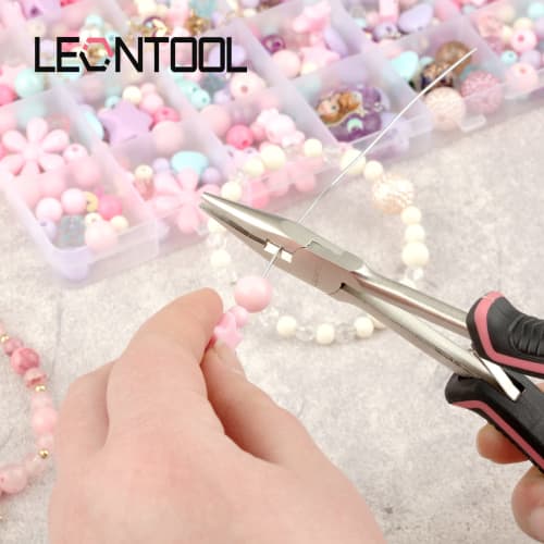 LEONTOOL Mini Long Nose Pliers, Long Reach, Slim, Pink, Women's Size, Miniature, Lightweight, Non-Slip, Serrated, Grooved, Cutting Blade, Effortless F