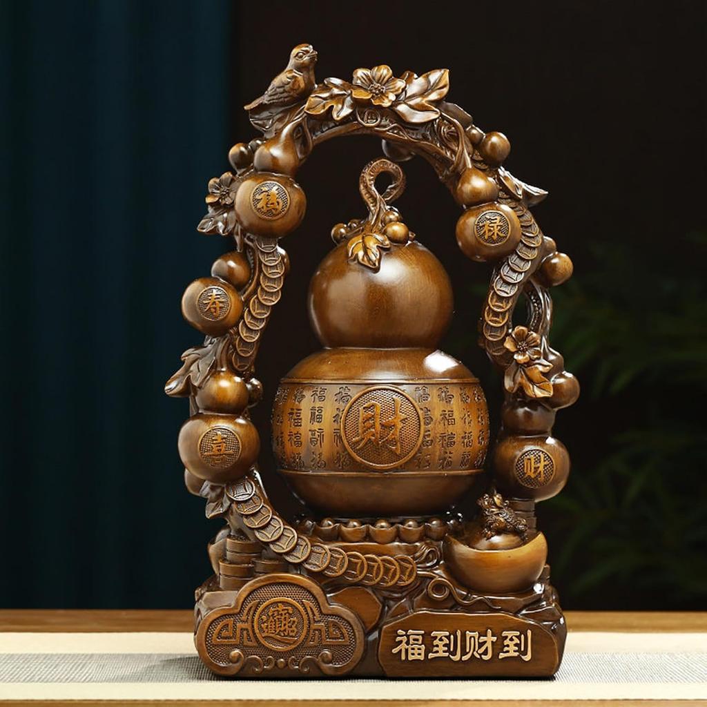Chinese Feng Shui Resin Gourd & Fu Character Decoration Set - Fortune, Wealth & Prosperity Figurine for Home Office Decor, Business Gift
