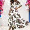 Women Plus Size Round Neck Three Quarter Sleeve Floral Printed White Long Dress With Pockets