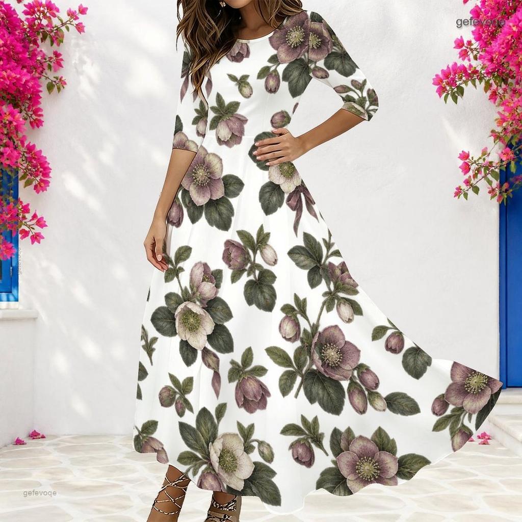 Women Plus Size Round Neck Three Quarter Sleeve Floral Printed White Long Dress With Pockets