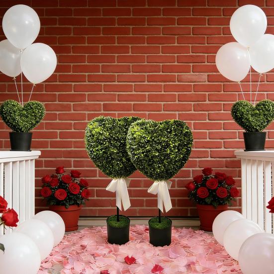 Искусственные Зеленые Растения в Горшках Формы Сердца Декор с Белой Лентой Бант Не Требует Ухода Искусственные Мини-Деревья в Форме Сердца для Дня Святого Валентина Домашний Декор