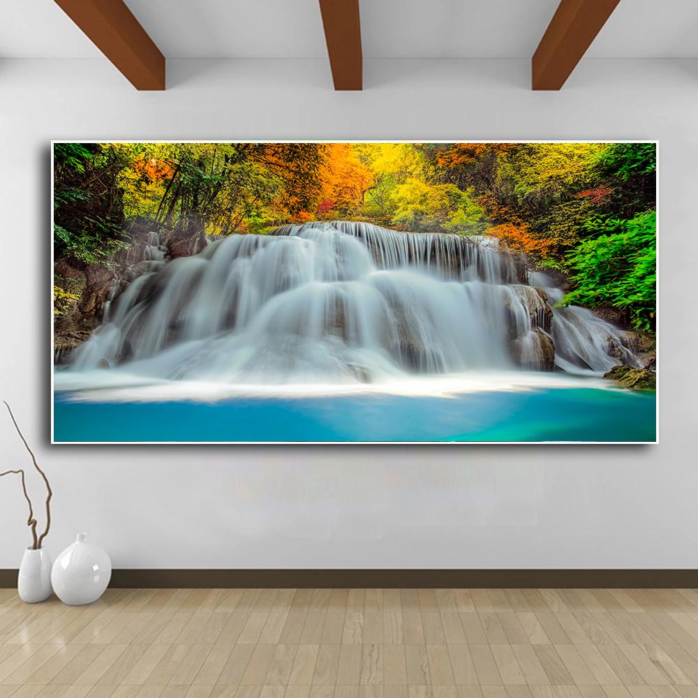 Природный пейзаж, водопад, настенные картины, холст, живопись, настенное искусство, зеленое, красное дерево, лес, постеры, принты для декора гостиной
