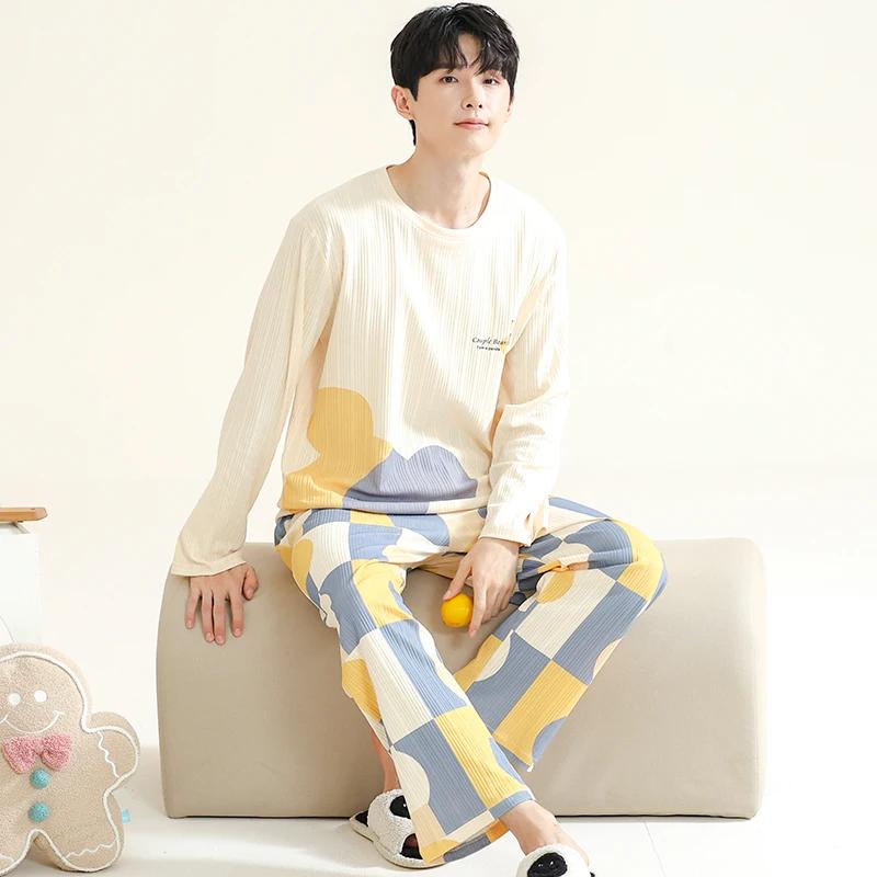 Осенний комплект из двух частей с длинными рукавами из хлопка, весенние длинные штаны, пижама для молодежи, мужская домашняя одежда, полосатая ночная рубашка для мальчика