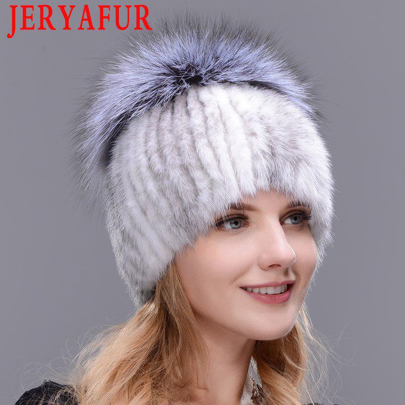 JERYAFUR Вязаная женская шапка с мехом норки пэчворк