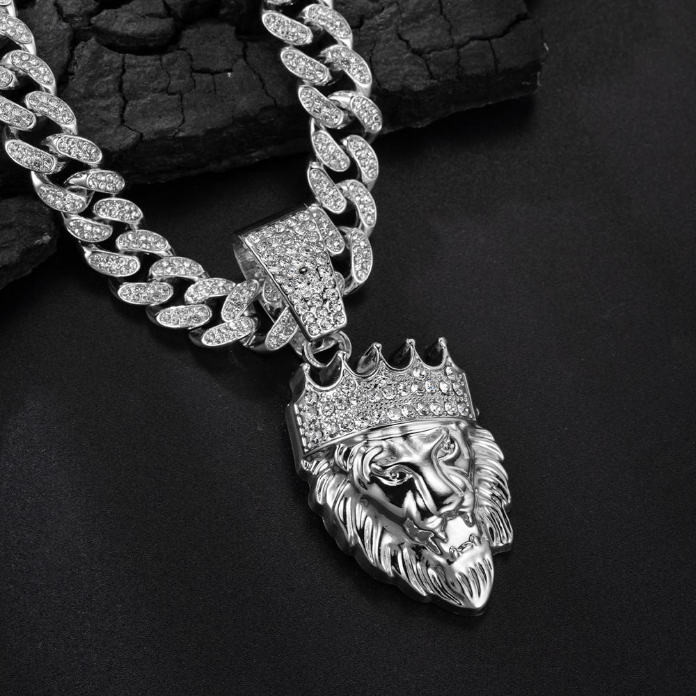 Men's Hip Hop 3D Crown Lion Head Pendant Necklace, with 13mm Cuban Chain Animal Lion Head Rock Necklaces Fashion Punk Jewelry