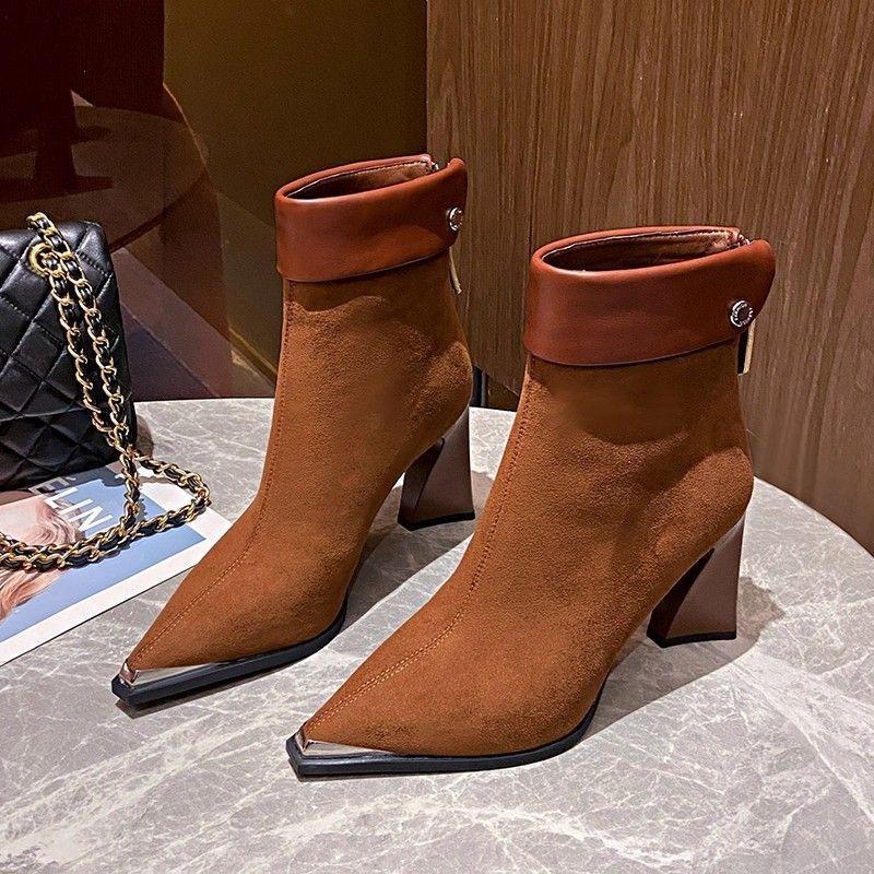 Winter new metal versatile pointed fashion boots women's suede thick heel temperament high heel elastic thin boots