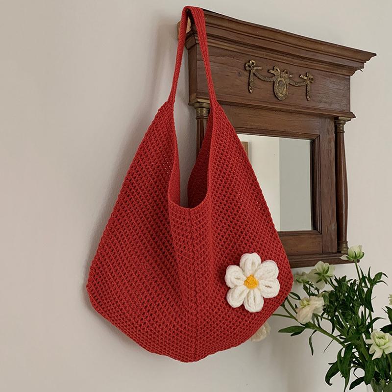Women's Casual Hollow Out Wicker Woven Ladies Handmade Totes Bag Large Capacity Summer Beach Floral Decor Female's Shoulder Bag