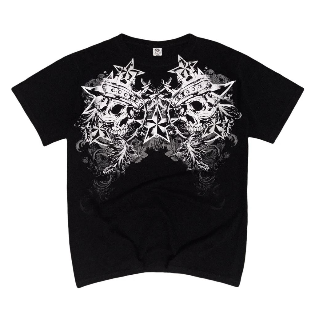 Gothic Skull Wings T-Shirt – Unisex Black Short Sleeve Tee, Dual Skull Cross Crossbone & Blue Feather Print, Dark Streetwear
