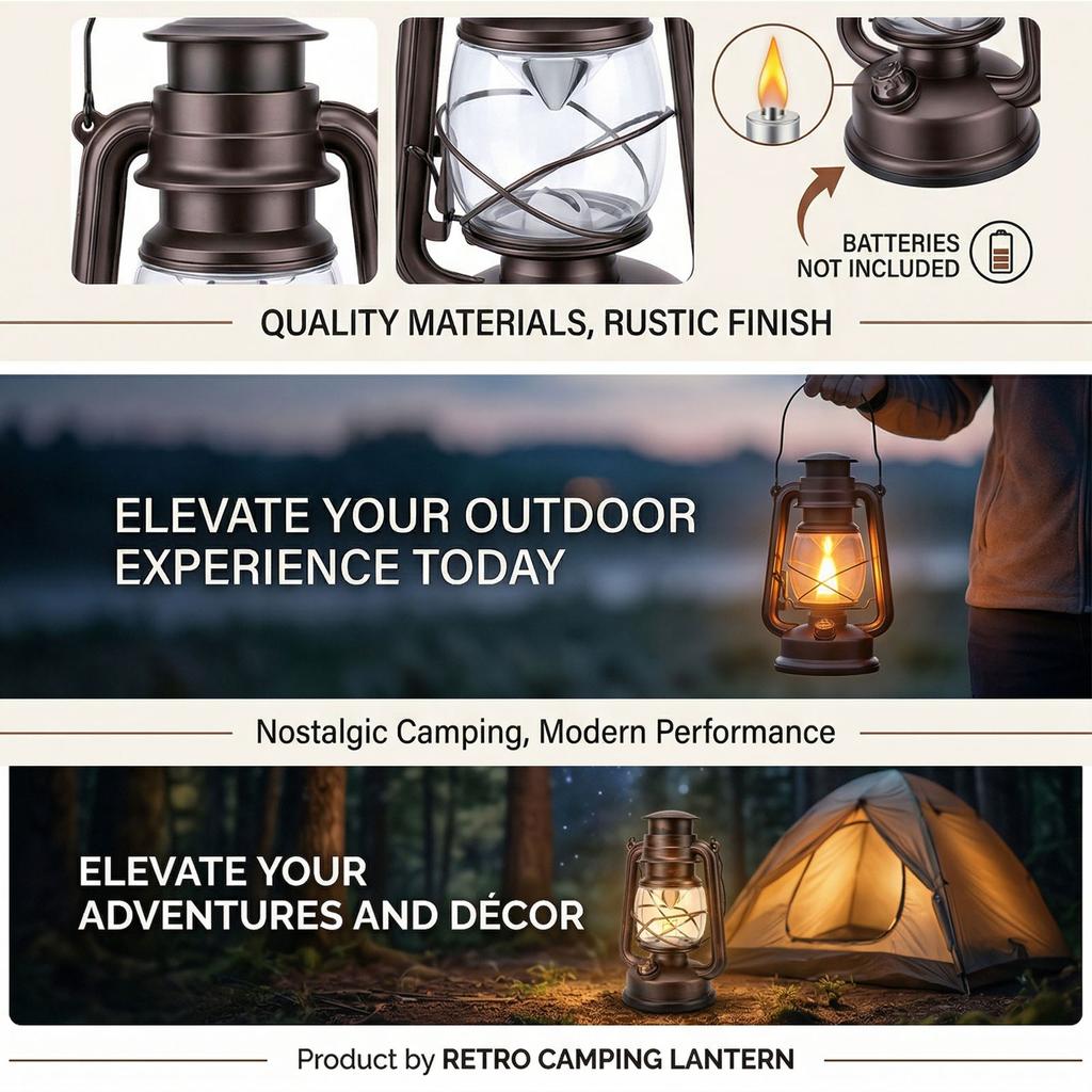 LED Vintage Camping Lantern Battery Powered Retro Camping Light Waterproof Hanging LED Tent Lamp for Outdoor Hiking Fishing