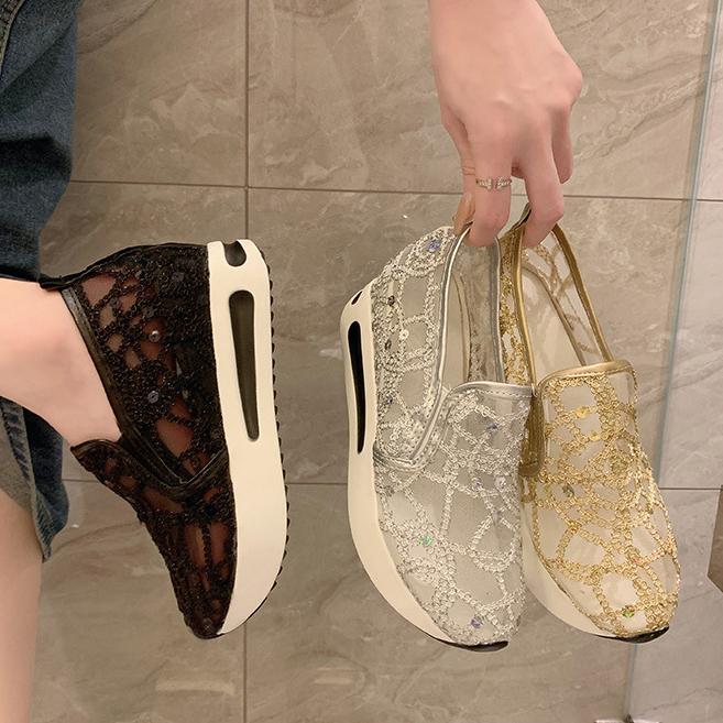 Women Fashion Sneaker Summer Sequin Lace Thick Sole Casual Mesh Round Head Shoes