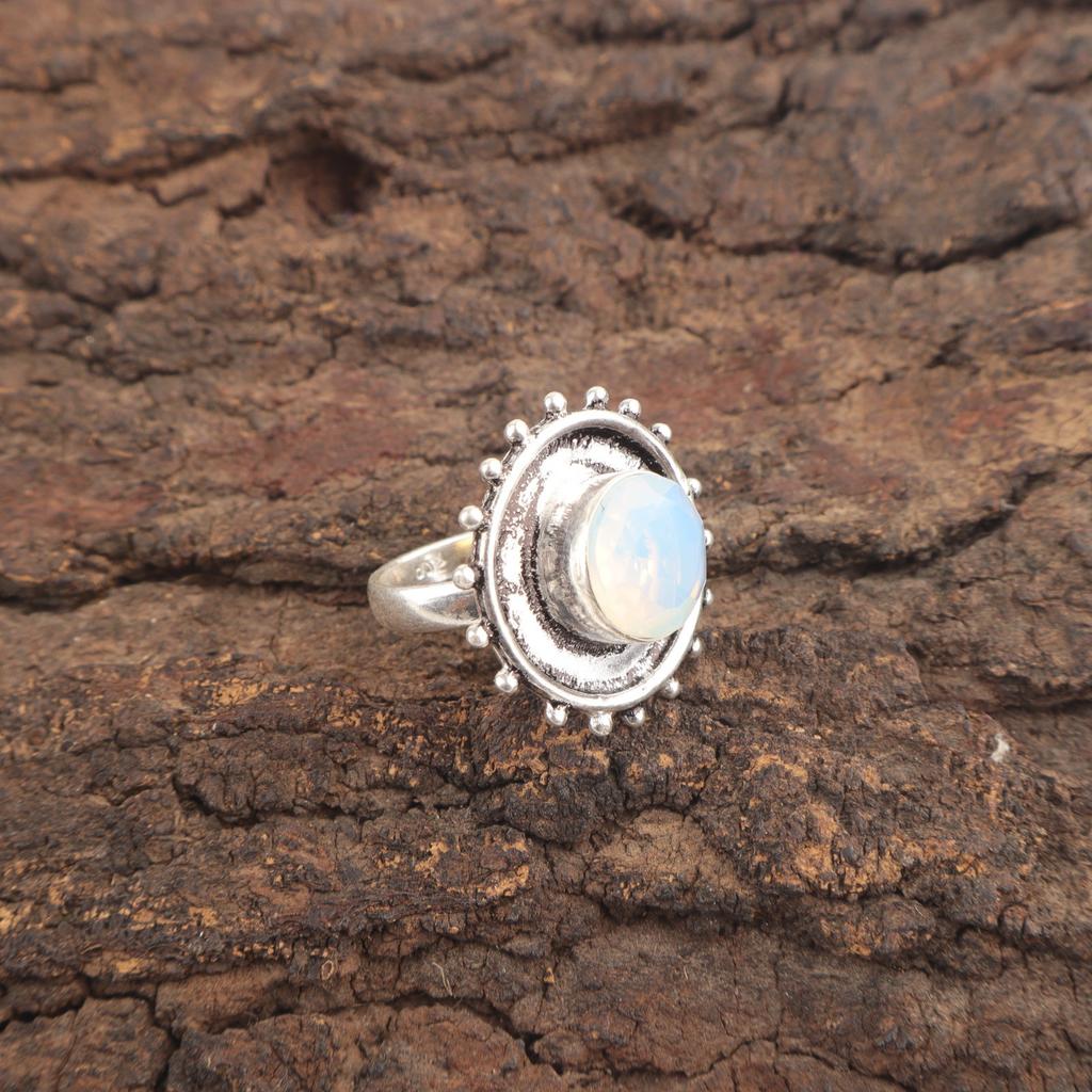 Round Milky Opal Stone 925 Silver Handcrafted Statement Best Sisters Gift Ring RR-49-13