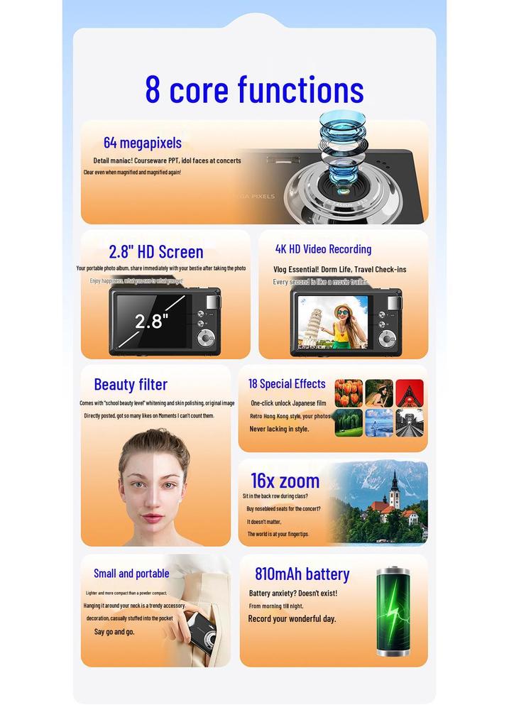 4K 64MP Digital Camera with 16x Zoom for Entry-Level Photography & Videography Students