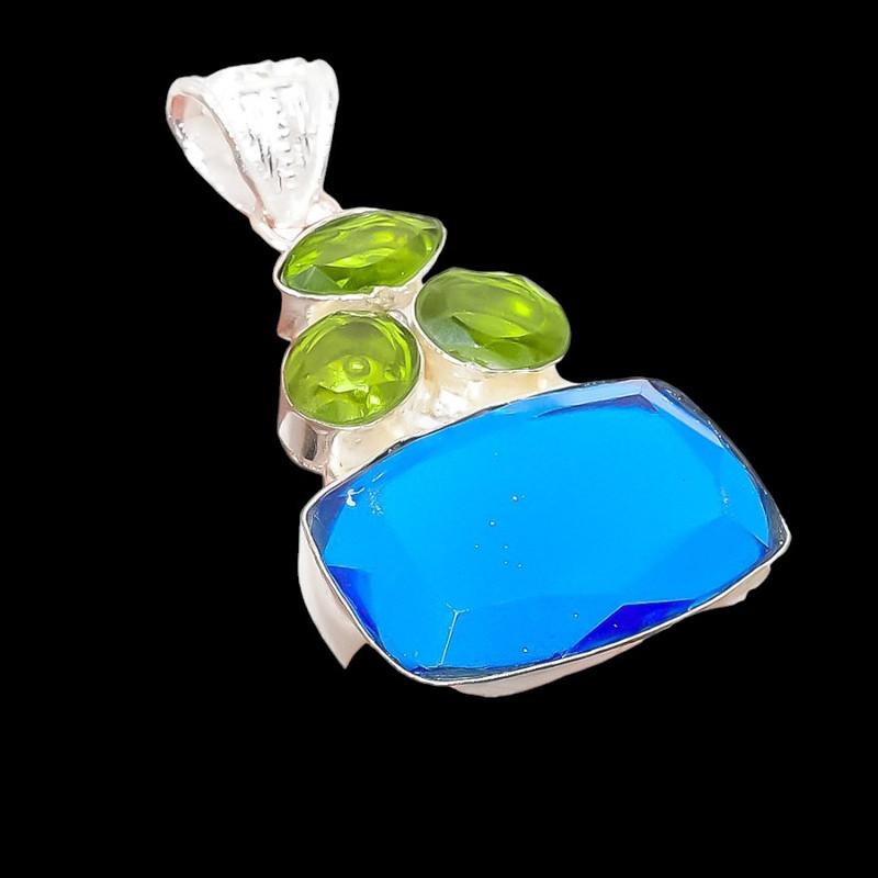 London Blue Topaz, Peridot Gemstone 925 Sterling Silver Jewelry Pendant 1.97" AH-5299