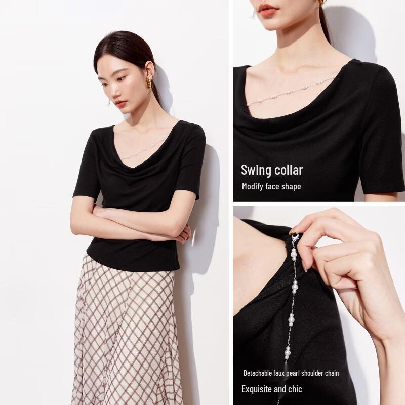 VEROMODA Detachable Pearl Shoulder Chain Cowl Neck Slim Top