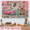 Pink car and vintage music-themed party backdrop fabric made of durable polyester fiber material