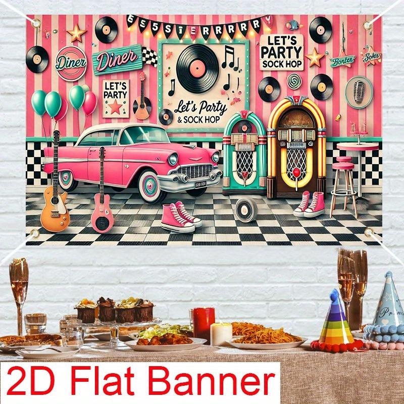 Pink car and vintage music-themed party backdrop fabric made of durable polyester fiber material