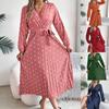 V Neck Printed Overlapping Dress Waist Hugging  Elegant Pleats Wave Point Dress for Women Long Sleeve Loose Dresses Causal Dress