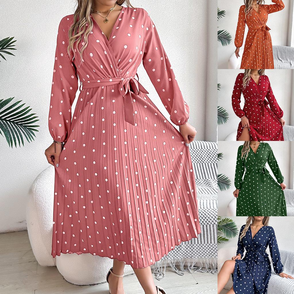 V Neck Printed Overlapping Dress Waist Hugging  Elegant Pleats Wave Point Dress for Women Long Sleeve Loose Dresses Causal Dress