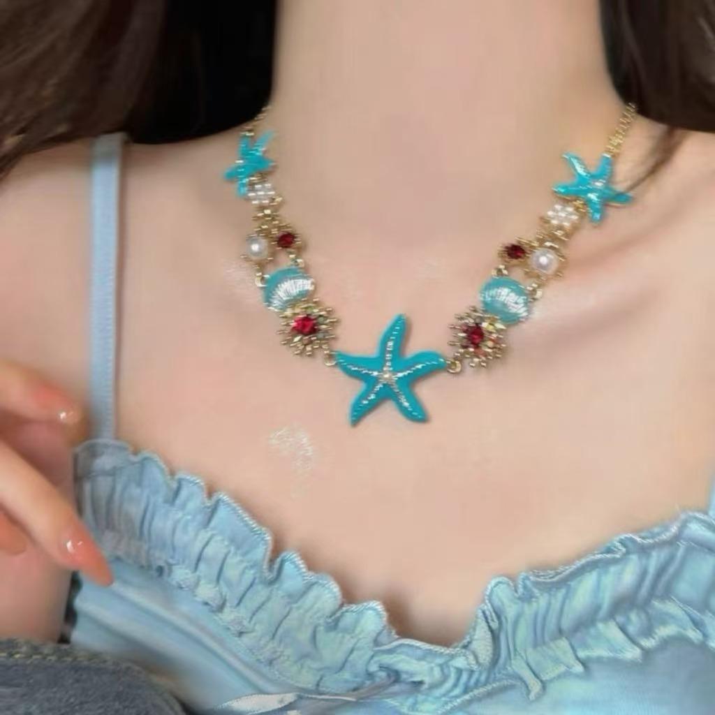 Dark zircon cross beaded necklace for women, long summer style neck chain, trendy and versatile collar chain, Instagram style