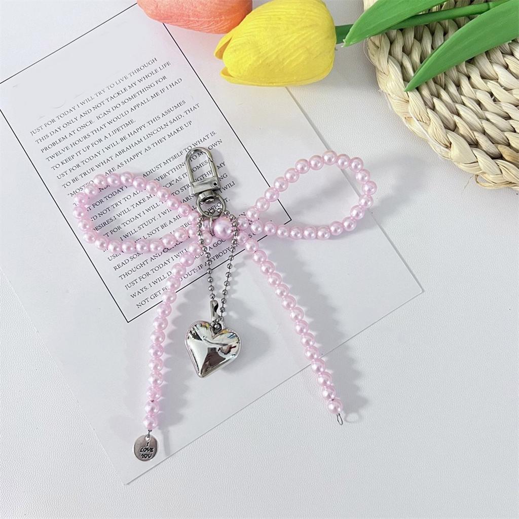 Sweet Pearls Bowknot Keychain Charm Pendant Handmade Heart Keyring for Women Fashionable Backpack Jewelry Ornament