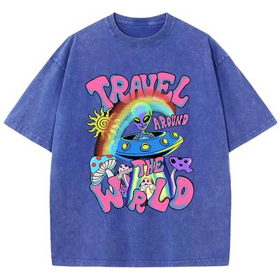 Женские хлопковые стираные футболки, модные свободные футболки с круглым вырезом, с принтом «Прибытие инопланетян», с коротким рукавом, летняя женская одежда