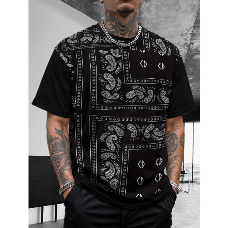 Bohemian Bandana Patterned Short - Sleeve Tops Summer Round Neck 3D Print Fashionable Casual Men's T-shirts