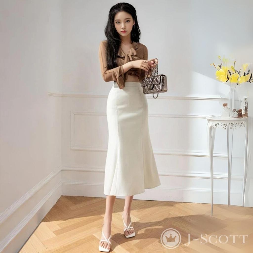 J-Scott Women's Mermaid Skirt, Midi Length, High Waist, Lined, Tight Fit, Side Zipper, White, JS137-WH-S