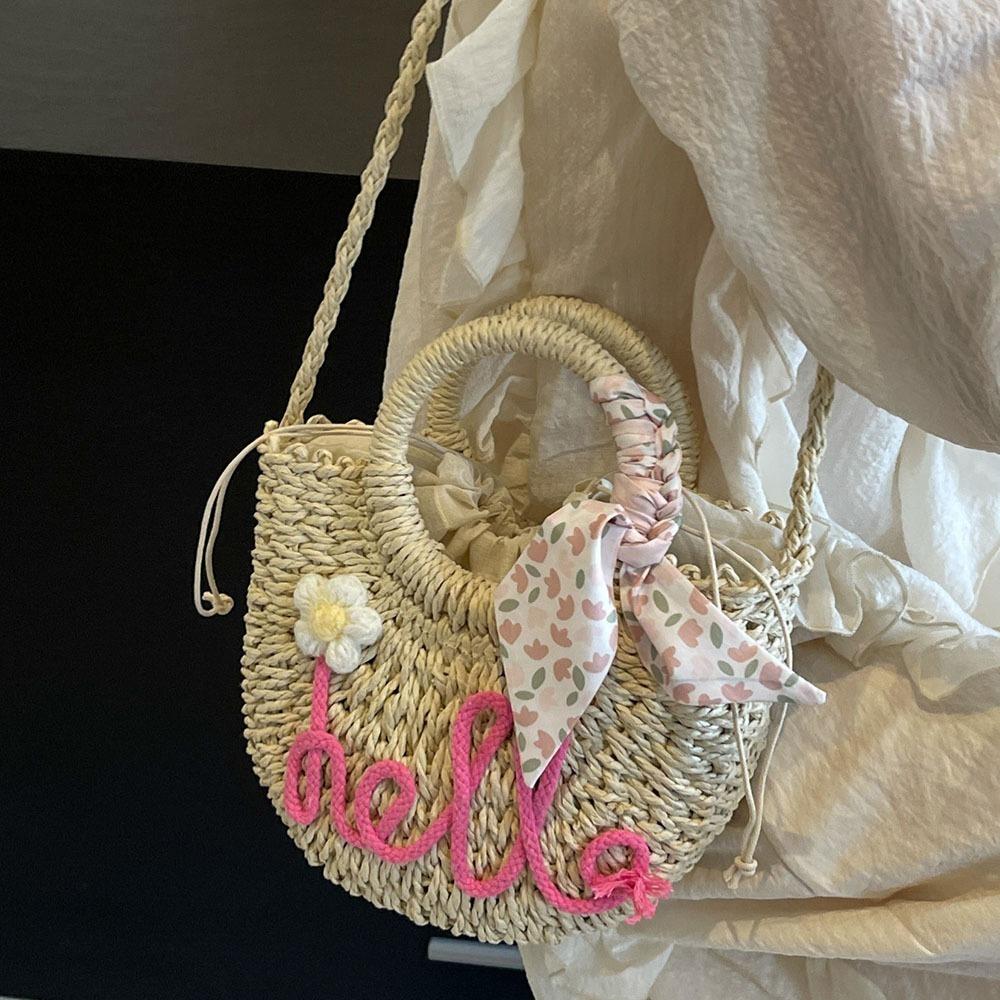Moon Shaped Beach Straw Bag Flower Knitted Shoulder Bag Handmade Woven Underarm Bag Shopping