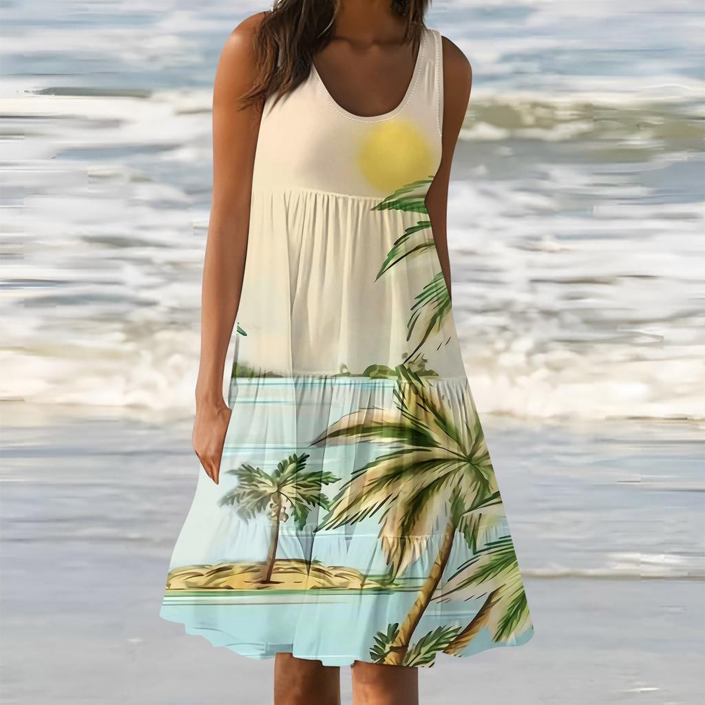 Гавайское платье для женщин, летние весенние плиссированные богемные платья, милые струящиеся пляжные платья без рукавов, прямая футболка, платья-майки, платья с круглым вырезом