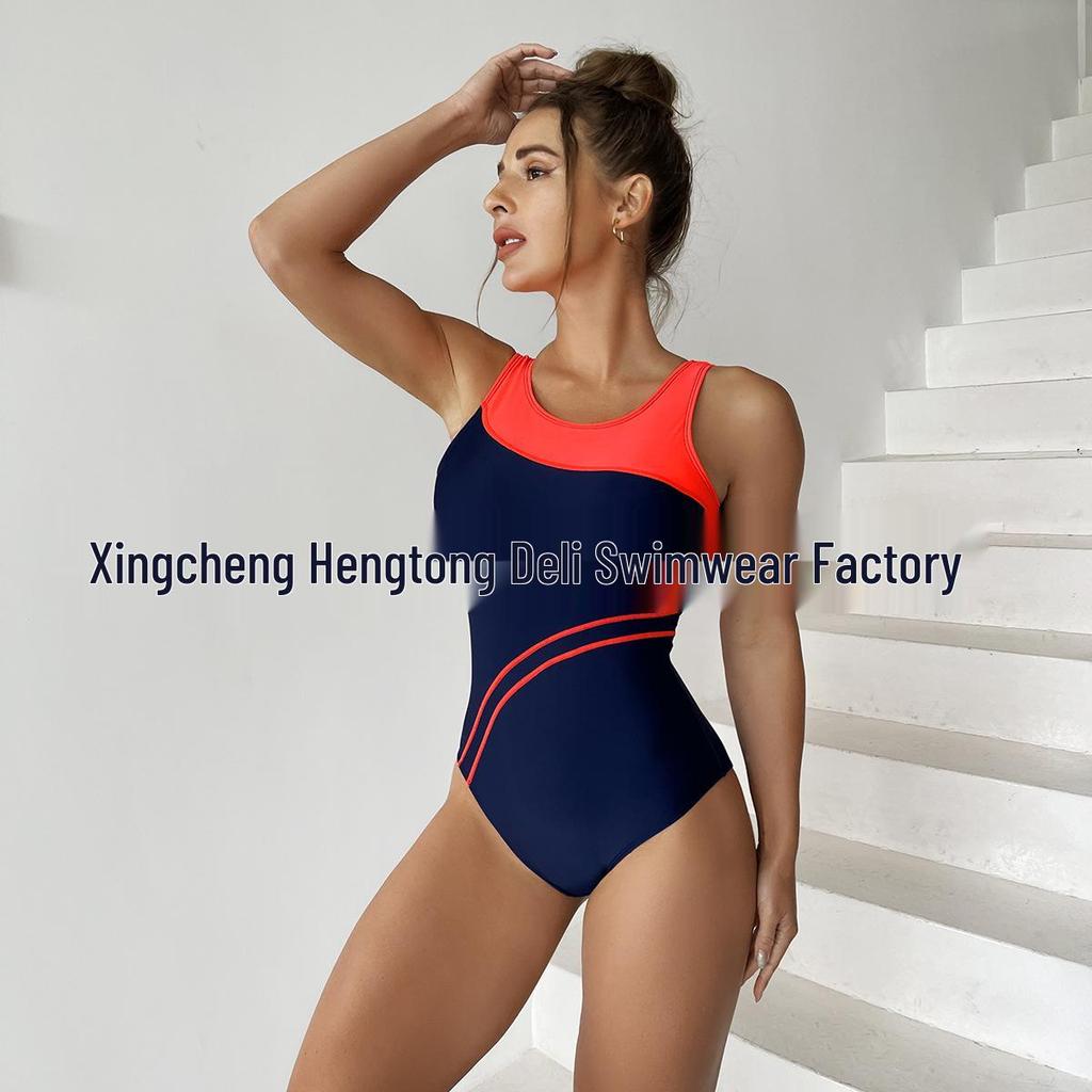 Sporty Colorblock One-Piece Triangle Bikini for Women – Professional Racing Swimsuit (European & American Style)