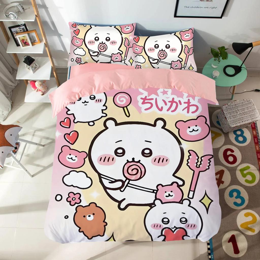 Мультяшный комплект постельного белья с милыми Чиикавами, красочный принт, полиэстер, для студенческого общежития, простыня, пододеяльник, детский подарок, домашний текстиль