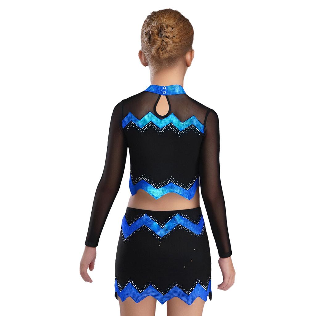 Girls Cheerleader Uniform Long Sleeve Crop Top Hollow Out Design Rhinestone Details Matching Dance Skirt Outfit