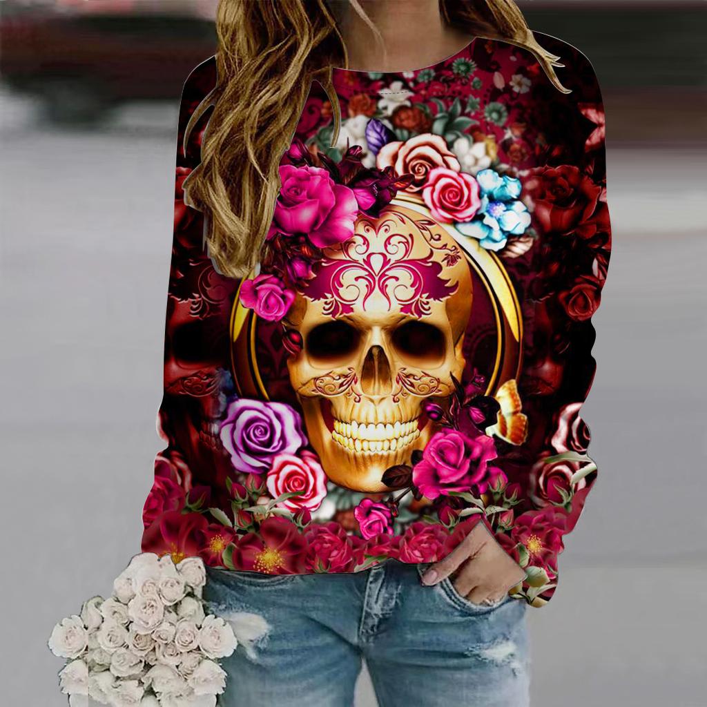 Fall Autumn Women'S Fashion O Neck Long Sleeve T-Shirt Loose Clothes Human Skeleton Print T Shirt