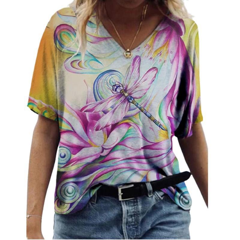 Women 3D Printed T Shirt Casual Summer Outfit Floral V Neck Tops Sportwear Short Sleeve T Shirts