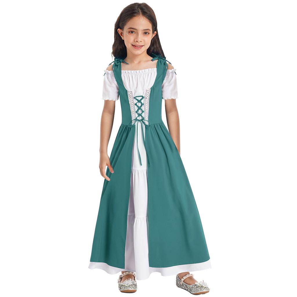 Kids Girls Renaissance Cosplay Medieval Dress Up Costumes Short Sleeve Adjustable Lace-up Gown Dress