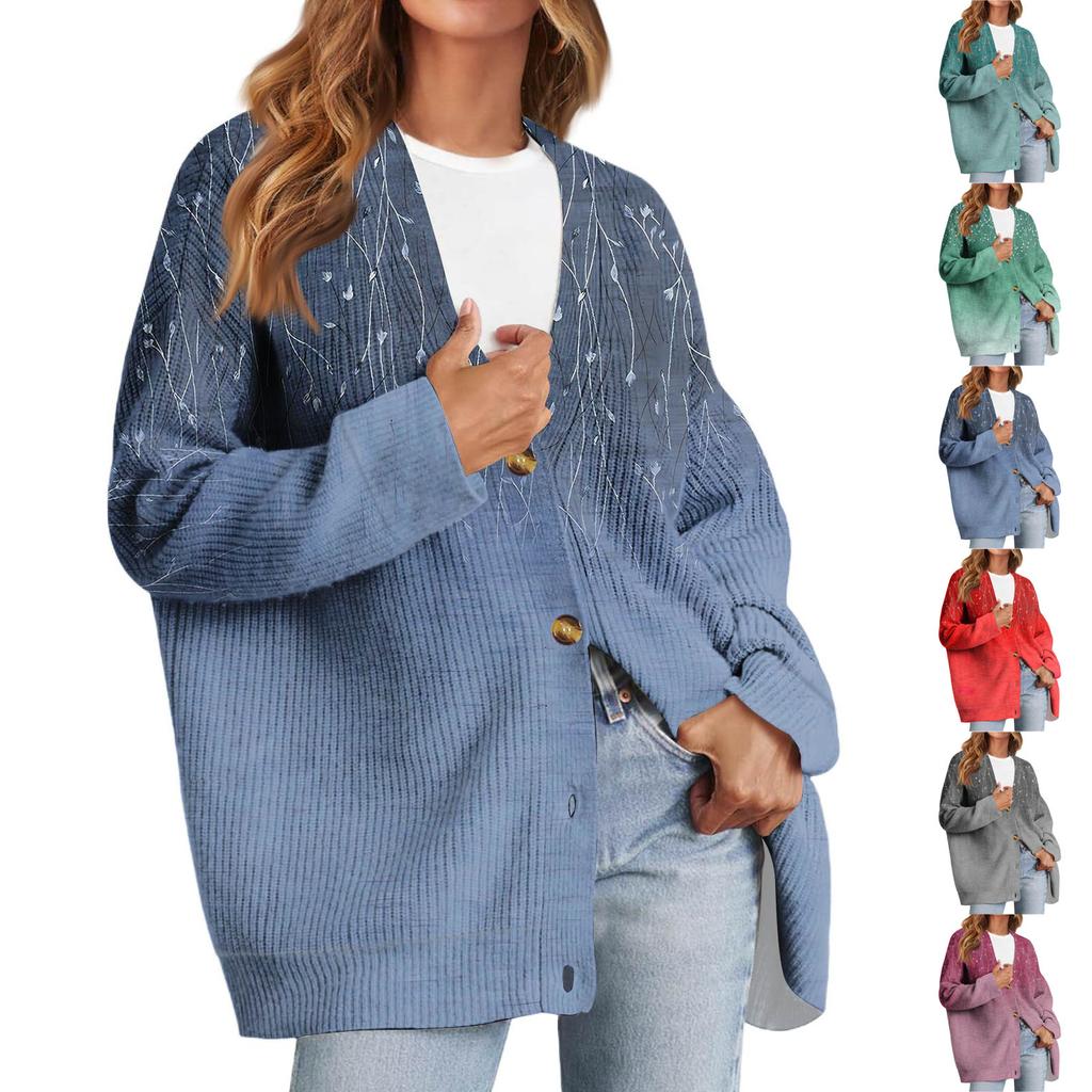 Women's Fashion Long Sleeve Print V-Neck Button Loose Cardigan Top