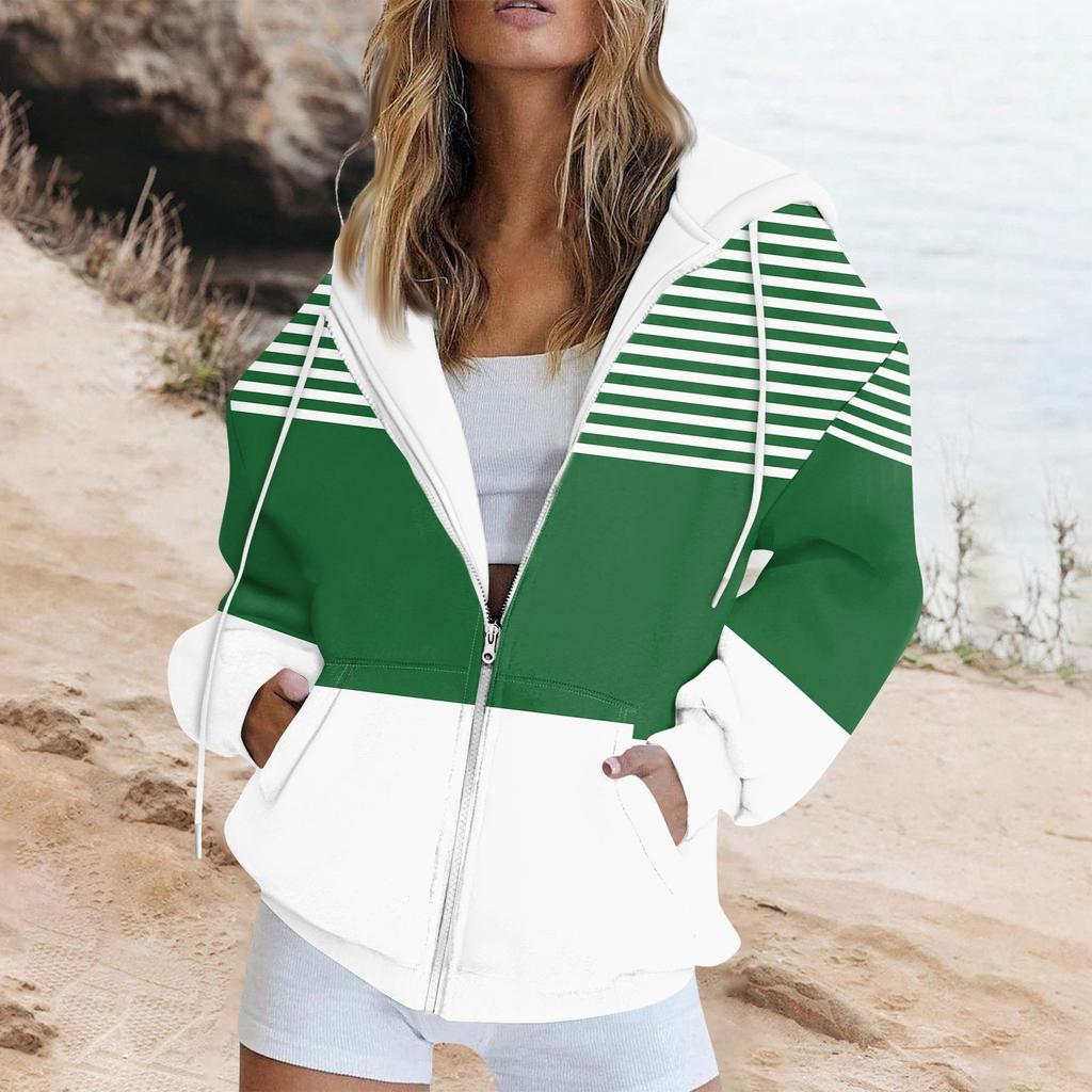 Женская толстовка с длинными рукавами и полосатым принтом, куртка с длинными рукавами и карманами, на молнии, пальто с капюшоном