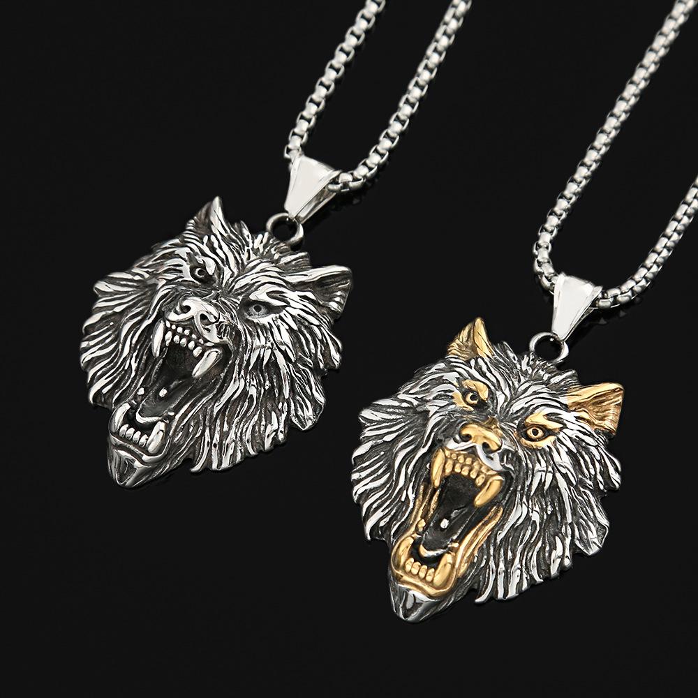 Nordic Hip Hop Retro Titanium Steel Men's Necklace Does Not Fade Domineering Personality Stainless Steel Viking Wolf Head Pendant