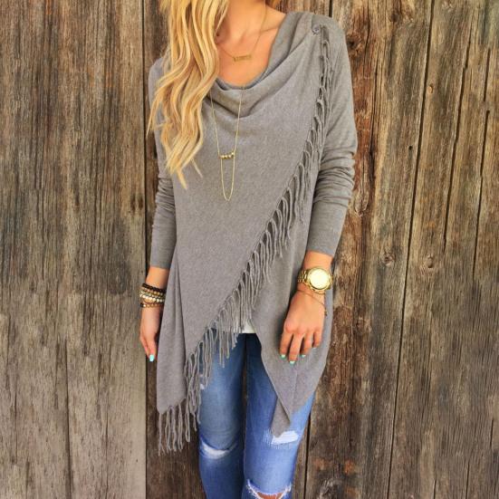 Женский кардиган-шаль с кисточками, пуловер с асимметричным подолом, пончо-пальто с бахромой, накидка с воротником-хомут, верхняя одежда