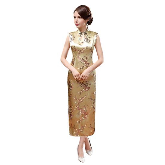 Women Summer Cheongsam Stand Collar Floral Print Hollow Out Split Hem Sleeveless Qipao Slim Fit Retro Chinese Style