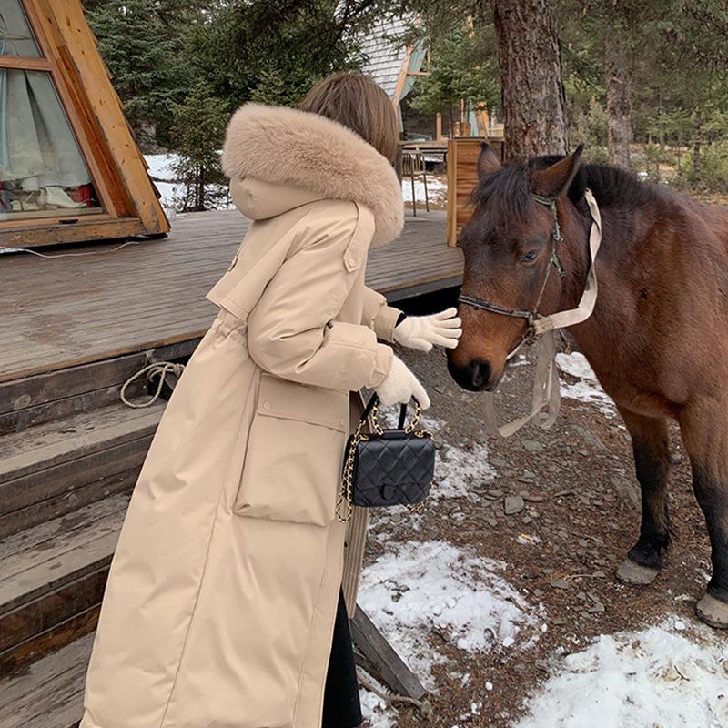 New Parker Dress Large Wool Collar Cotton-padded Jacket Women's Mid-length Thickened Waisted Hooded Thickened Duck Down Jacket