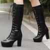 Модные женские сапоги до колена на платформе 2024 года, сексуальные зимние туфли на шнуровке, черные, коричневые, на блочном каблуке, длинные сапоги, женская обувь, большой размер 48