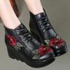 Fashion Handmade Ankle Boots for Women Genuine Leather Ankle Shoes Vintage Floral Women Shoes Round Toes Wedges Boots