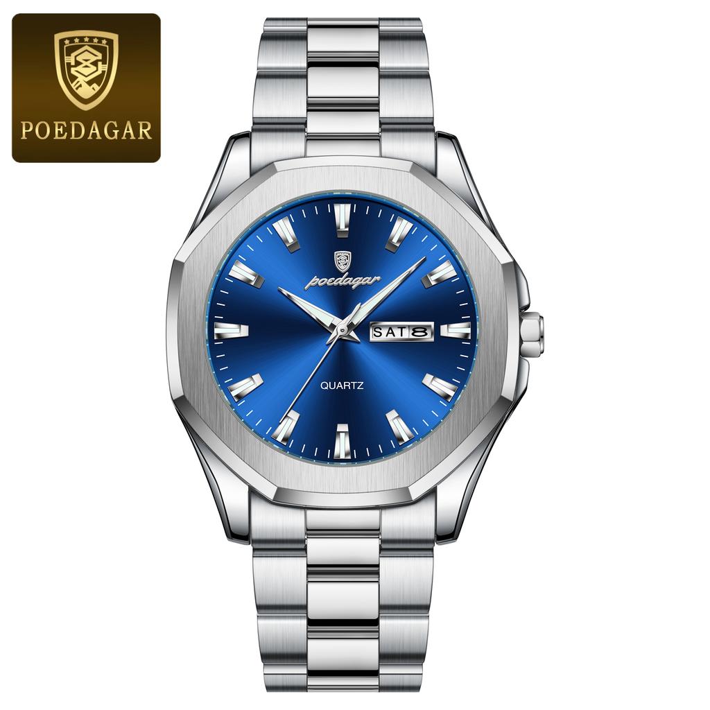 POEDAGAR Luxury Men Wristwatch Waterproof Luminous Week Date Original Man Watch Stainless Steel Sport Quartz Men's Watches